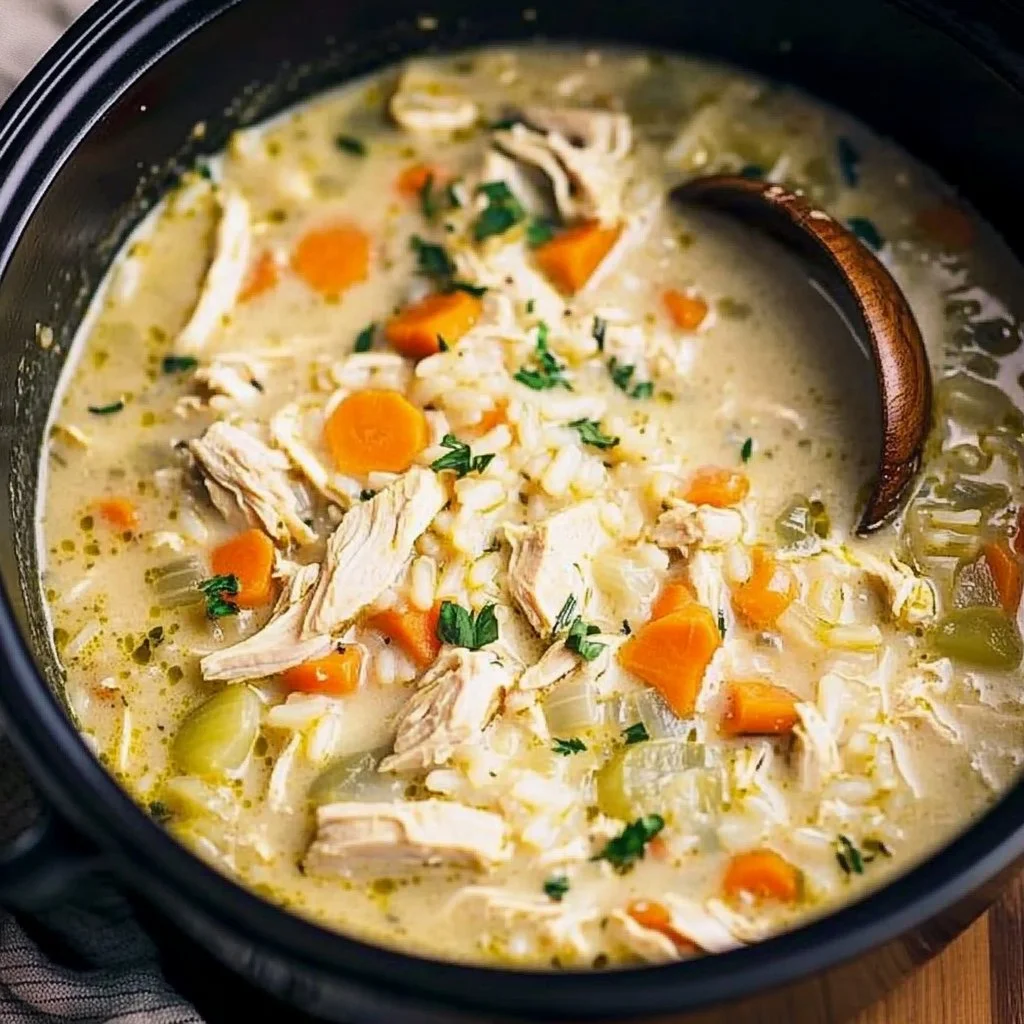 Bowl of slow cooker chicken and rice soup filled with vegetables and herbs