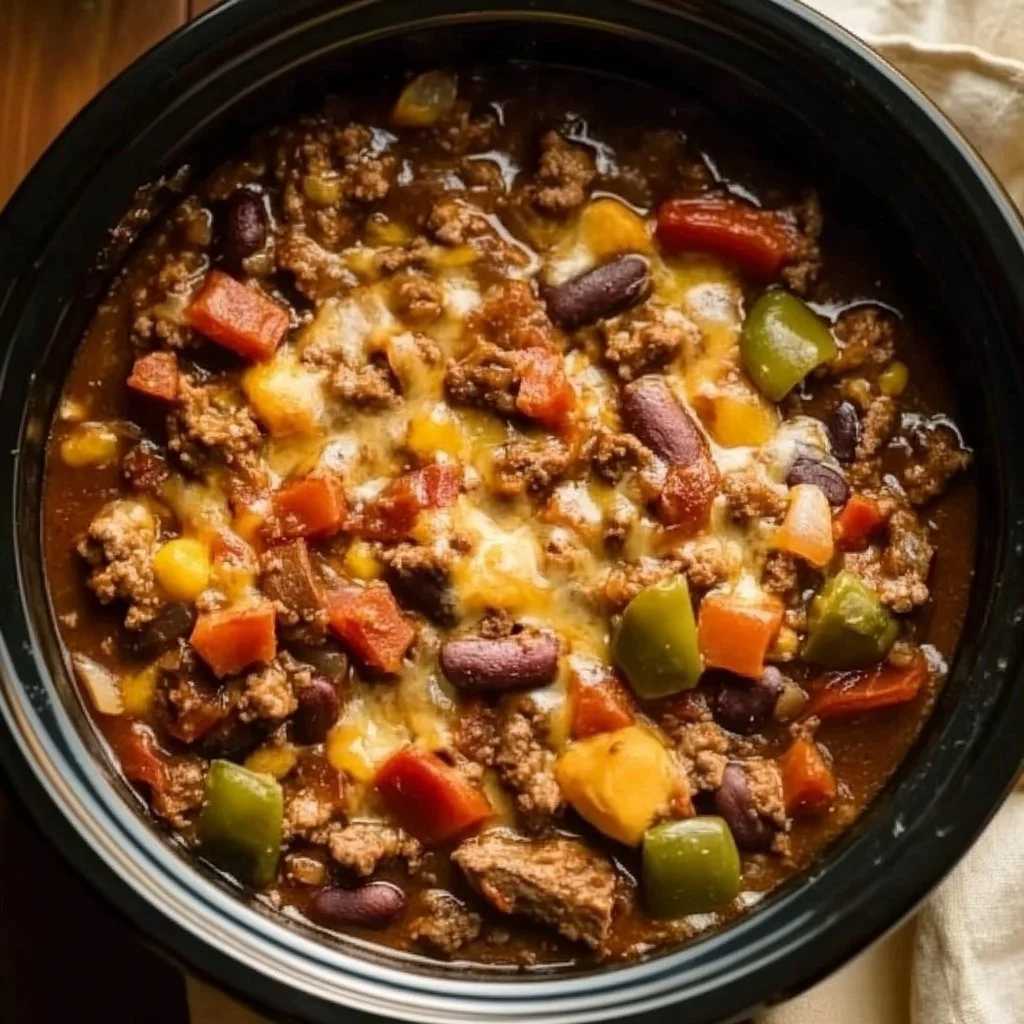 Delicious slow cooker cowboy casserole with ground beef and beans