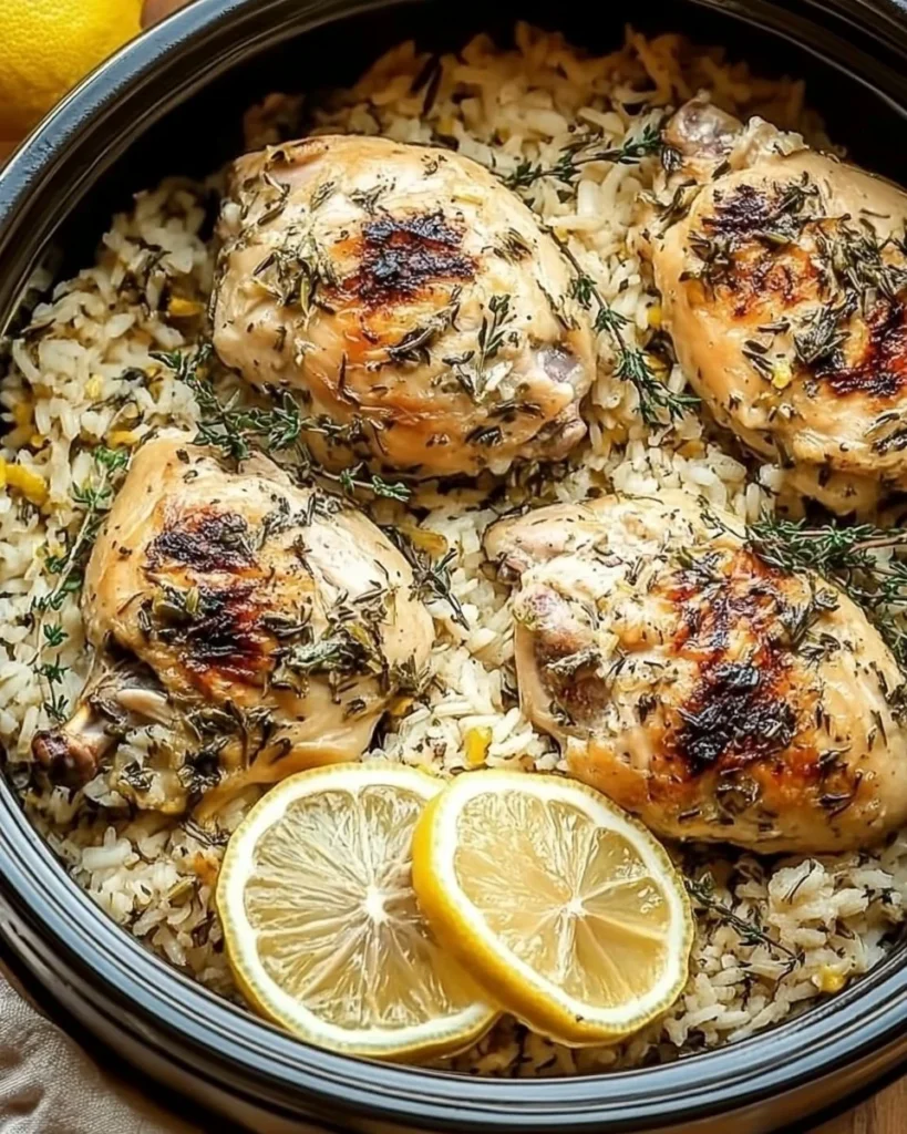 Slow Cooker Lemon Herb Chicken with Rice served on a plate