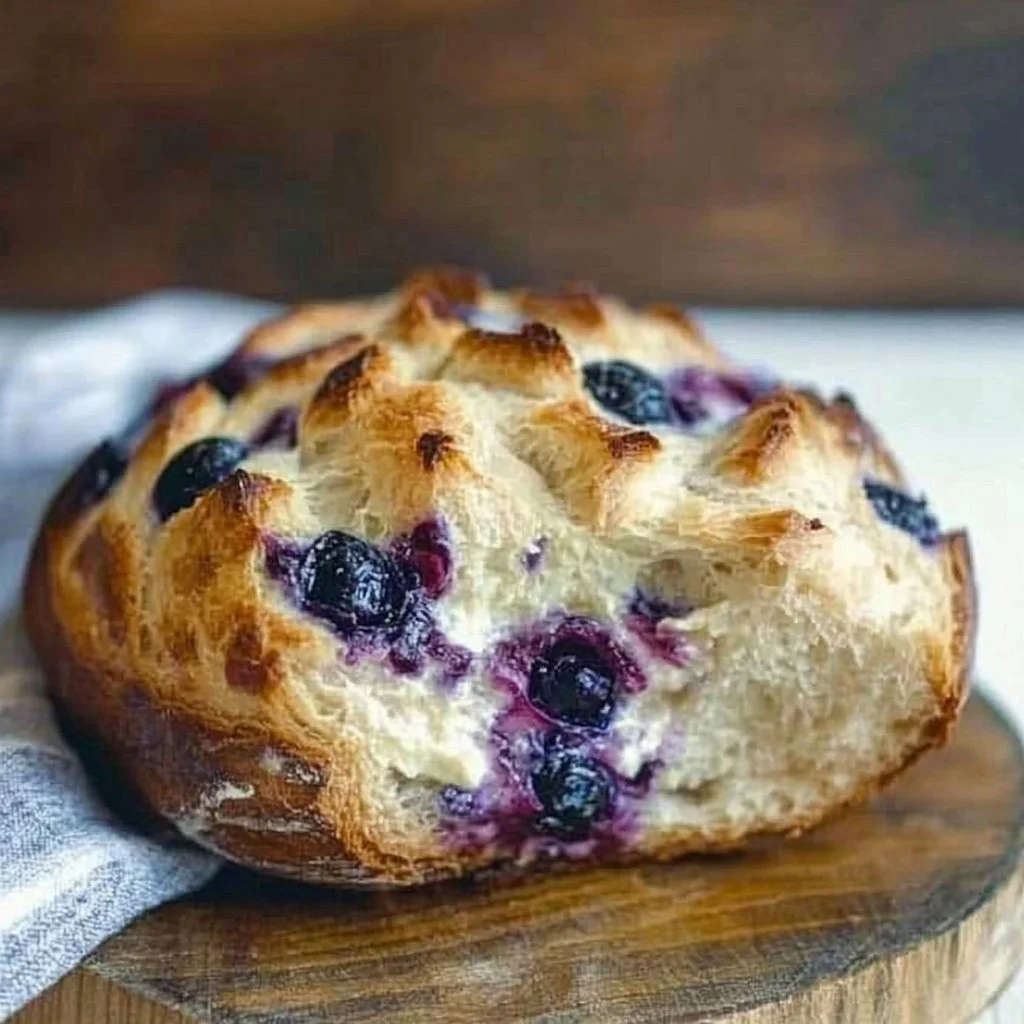 Sourdough Blueberry Cream Cheese Bread loaf with fresh blueberries