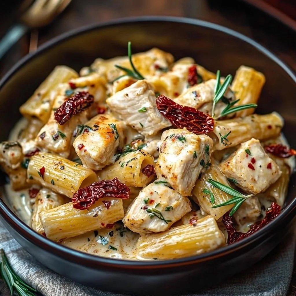 Spicy chicken creamy pasta with sun-dried tomatoes in a bowl
