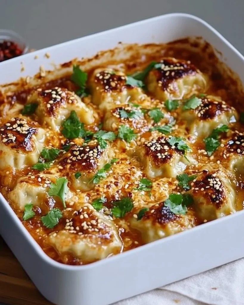Delicious Spicy Savory Dumpling Bake topped with herbs and spices.