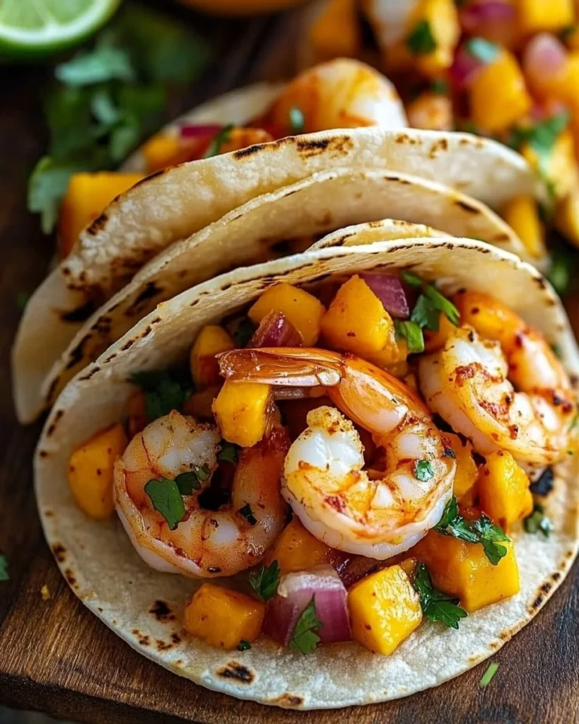 Delicious spicy shrimp tacos topped with fresh mango salsa.