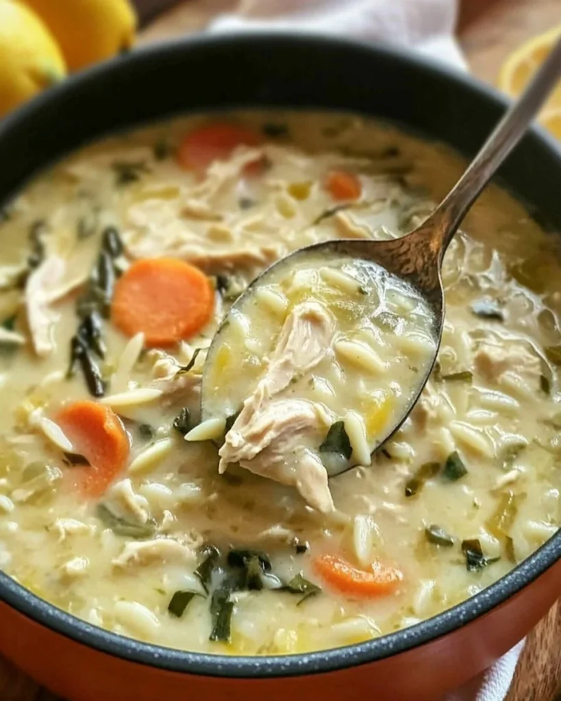 Bowl of Spring Lemon Chicken Orzo Soup filled with chicken and fresh vegetables