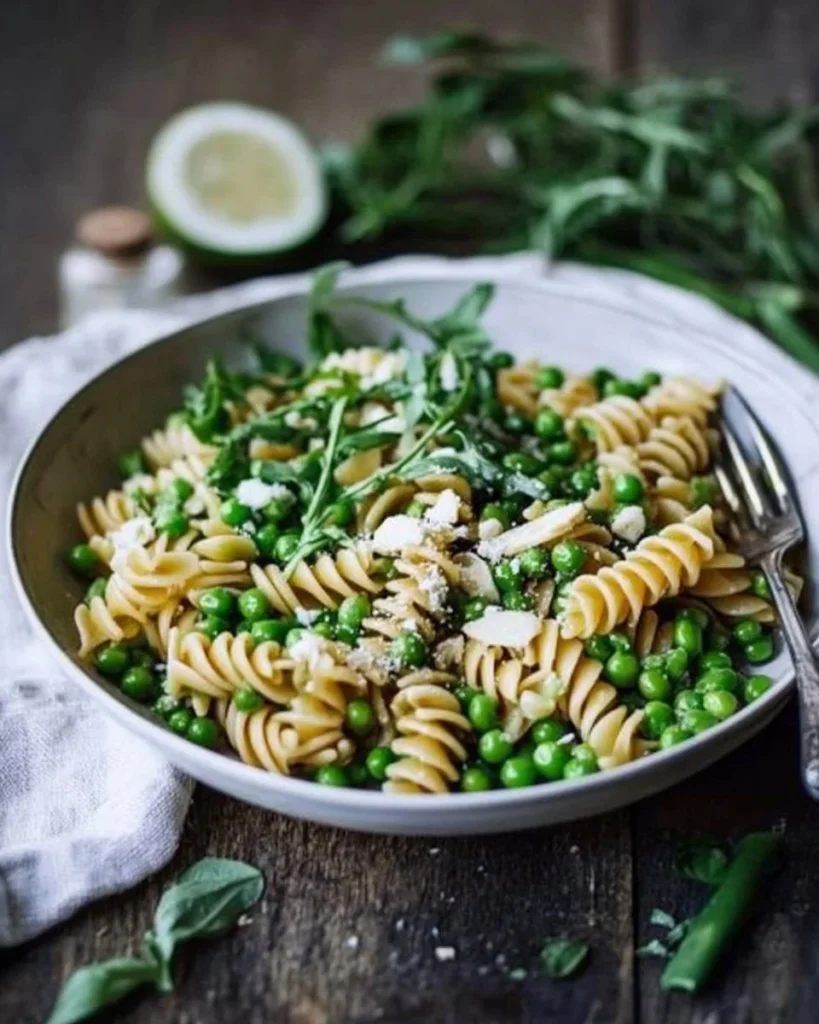 Delicious spring pea pasta salad with vibrant green peas and fresh ingredients