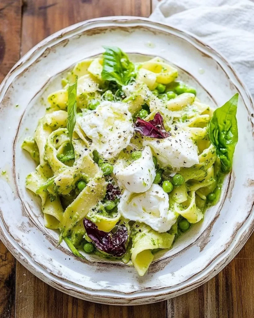 Creamy spring pea pasta with leeks and burrata served in a bowl.