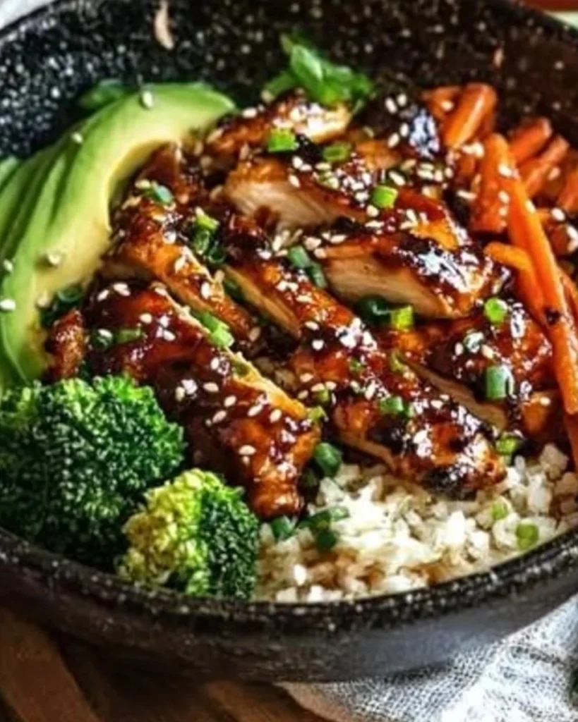 Delicious Sticky Chicken Bowl with colorful vegetables and rice