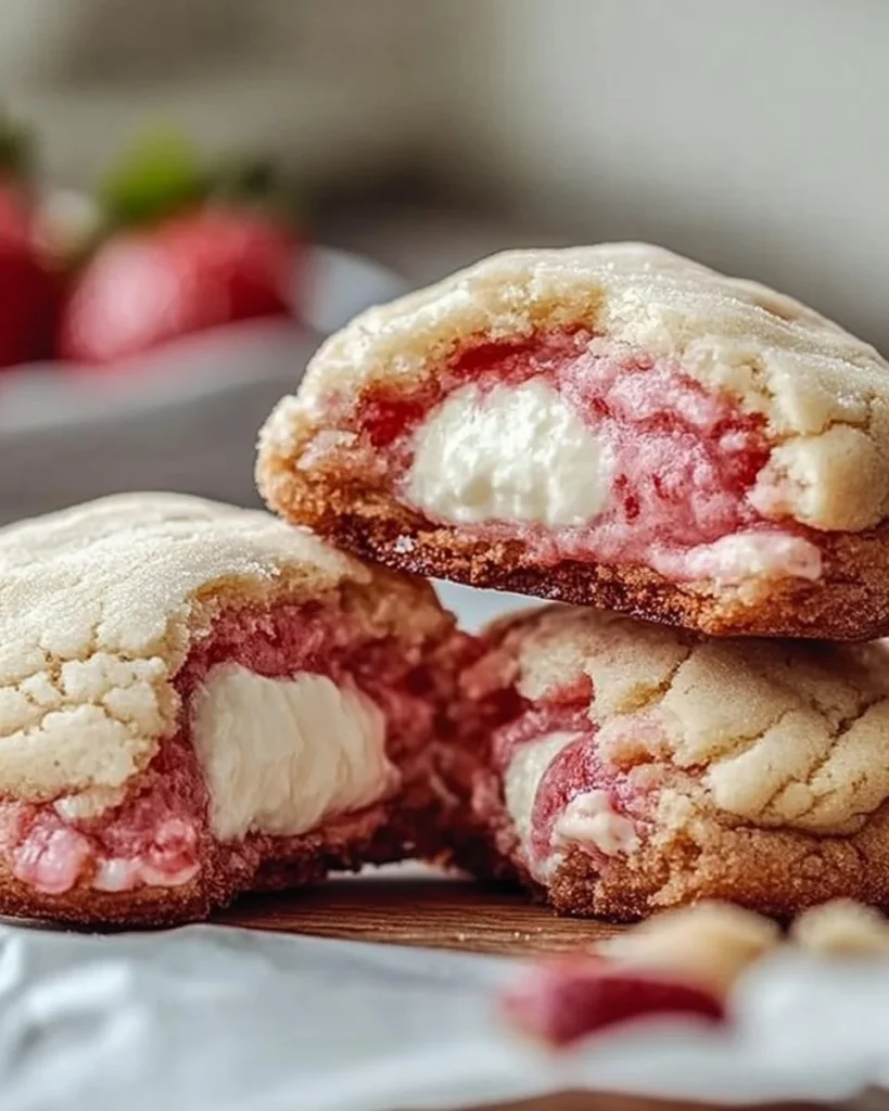 Delicious strawberry cheesecake stuffed cookies on a rustic wooden table