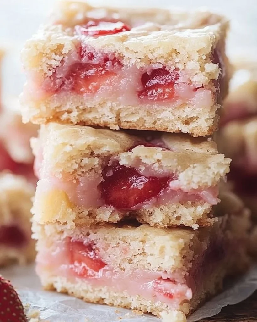Freshly baked Strawberry Lemon Blondies topped with strawberries and lemon zest