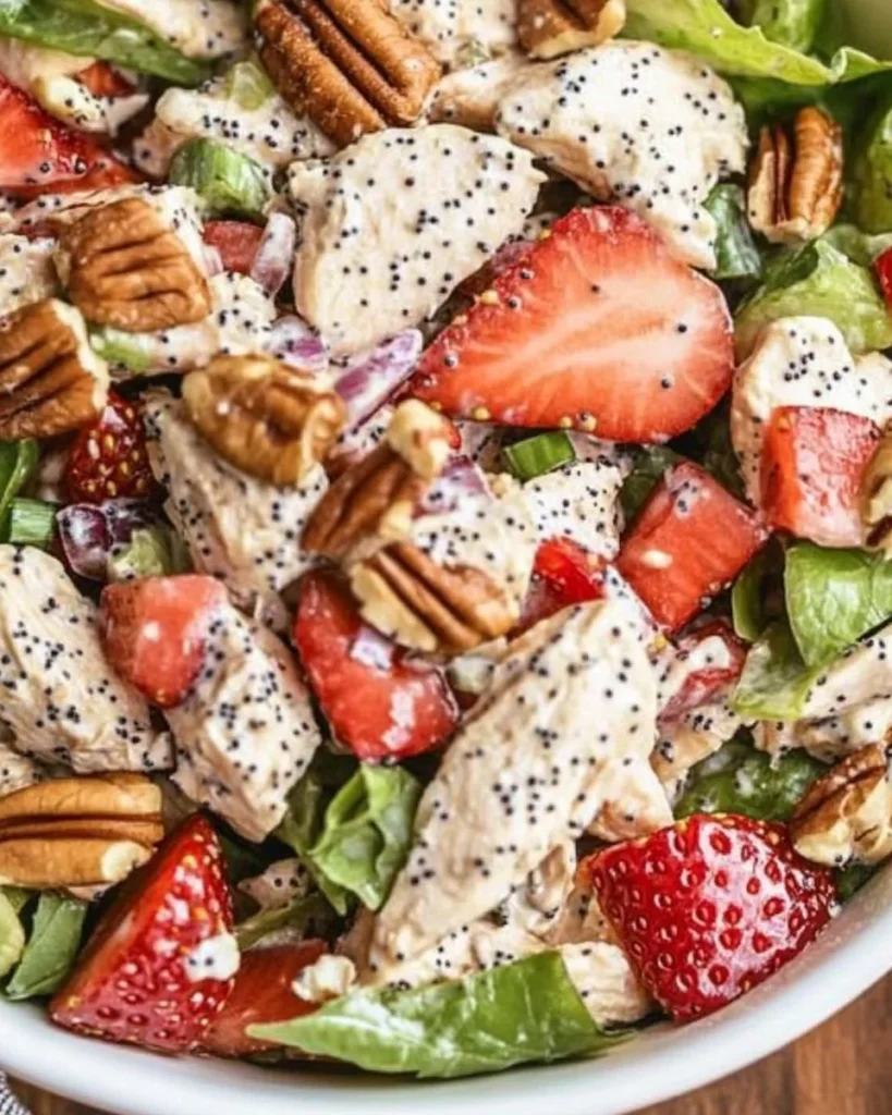 Strawberry Pecan Poppy Seed Chicken Salad in a bowl