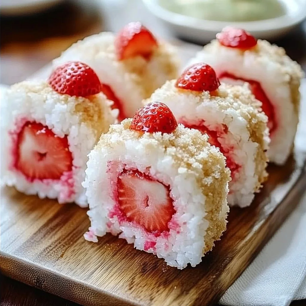 Strawberry shortcake sushi with fresh strawberries and whipped cream