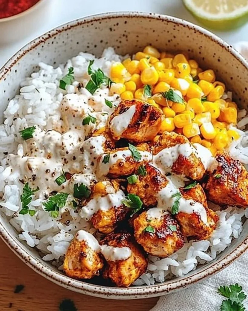 Delicious street corn chicken rice bowl topped with fresh ingredients