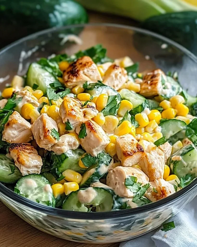 Street Corn Creamy Cucumber Chicken Salad in a bowl with fresh ingredients.