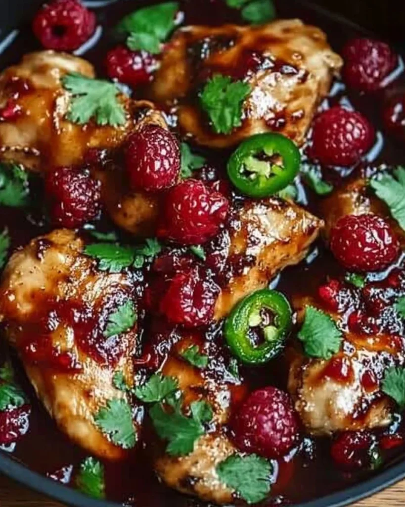 Delicious Sweet and Spicy Jalapeno Raspberry Chicken served on a plate