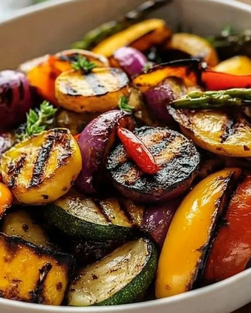 Colorful platter of tasty grilled veggies marinated for flavor.