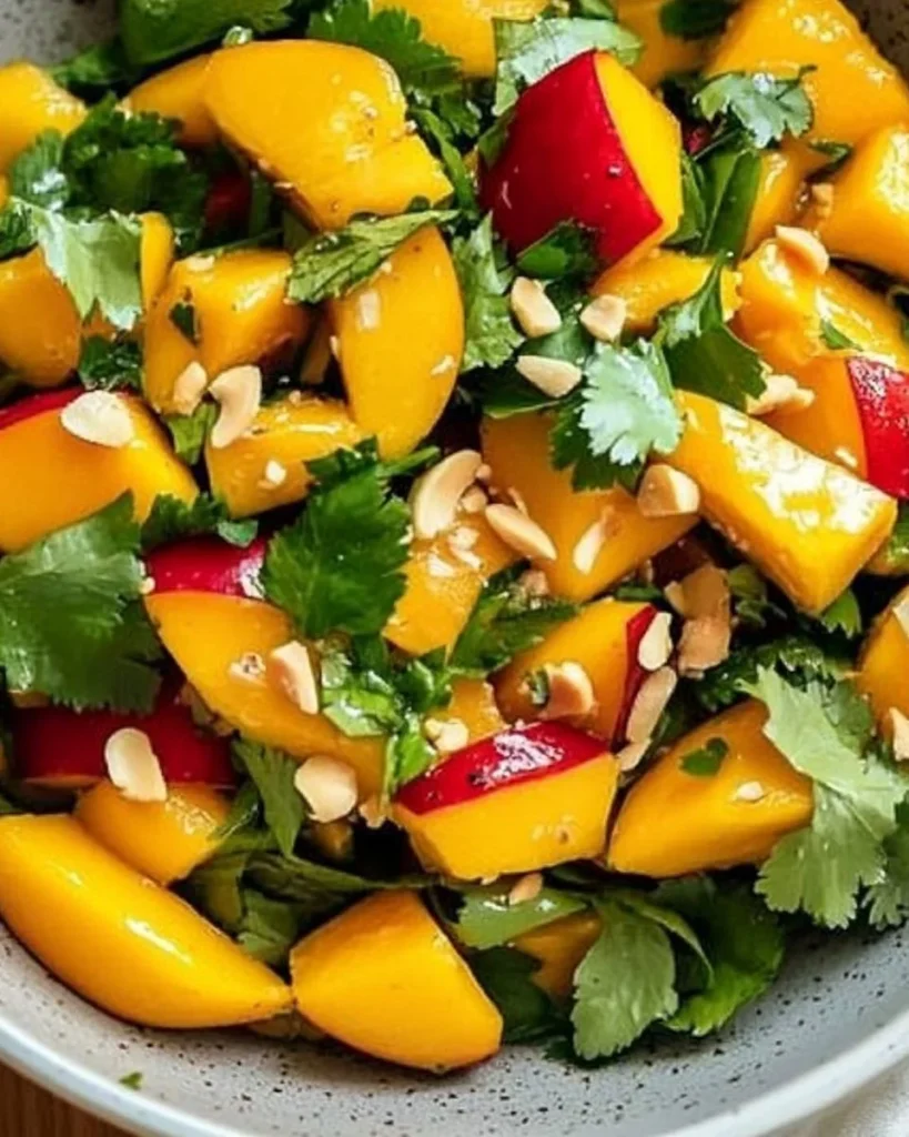 Bowl of colorful Thai Mango Salad with fresh mango slices and herbs