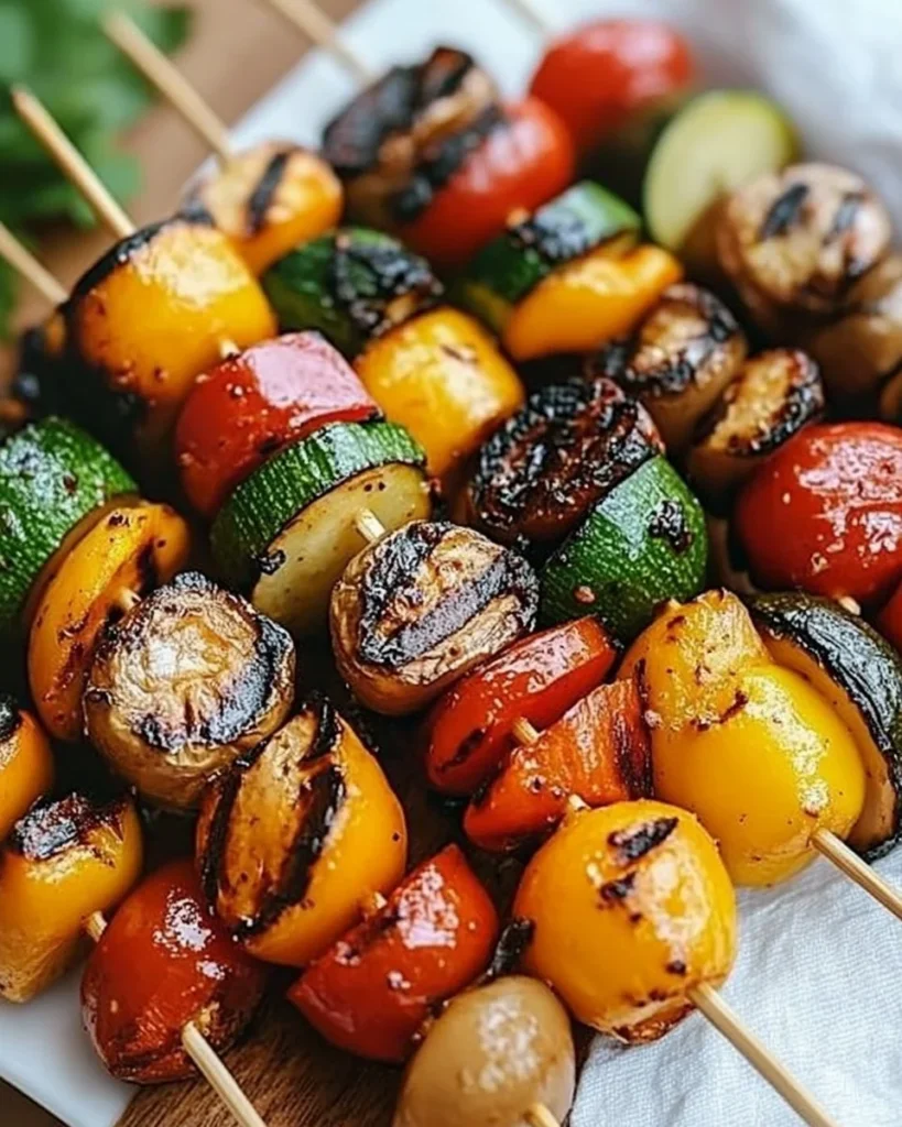 Colorful grilled vegetable skewers with bell peppers, zucchini, and onions