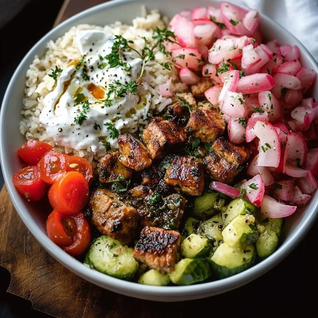 Seared tofu power bowl with vibrant pickled radish and fresh vegetables.