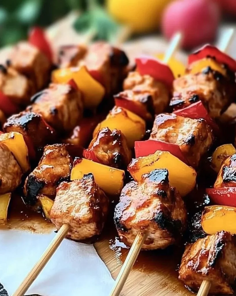 Delicious tropical BBQ kabobs with vibrant vegetables and tender meat on skewers.