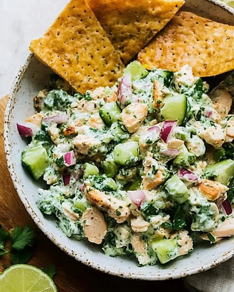 Delicious Tzatziki Chicken Salad served in a bowl with fresh vegetables.