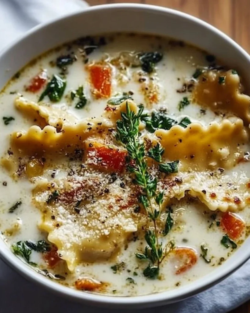 Bowl of Vegan White Lasagna Soup topped with fresh herbs and vegetables.