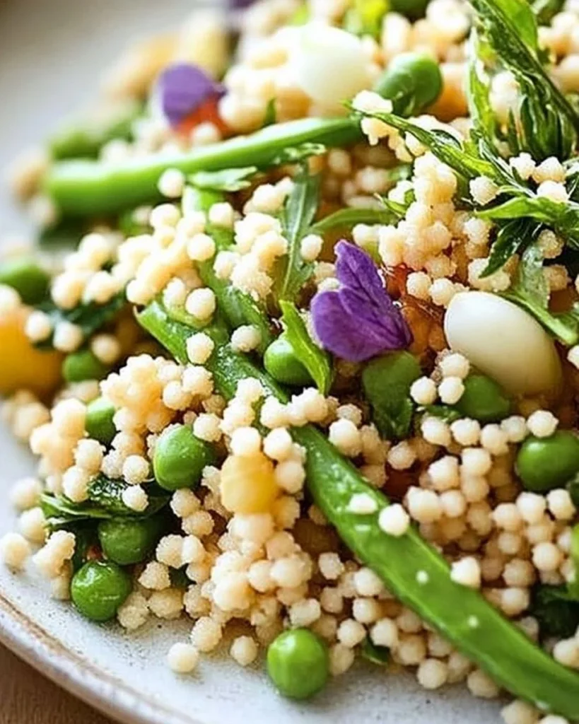 Vibrant Easter Spring Couscous Salad with fresh herbs and colorful vegetables.