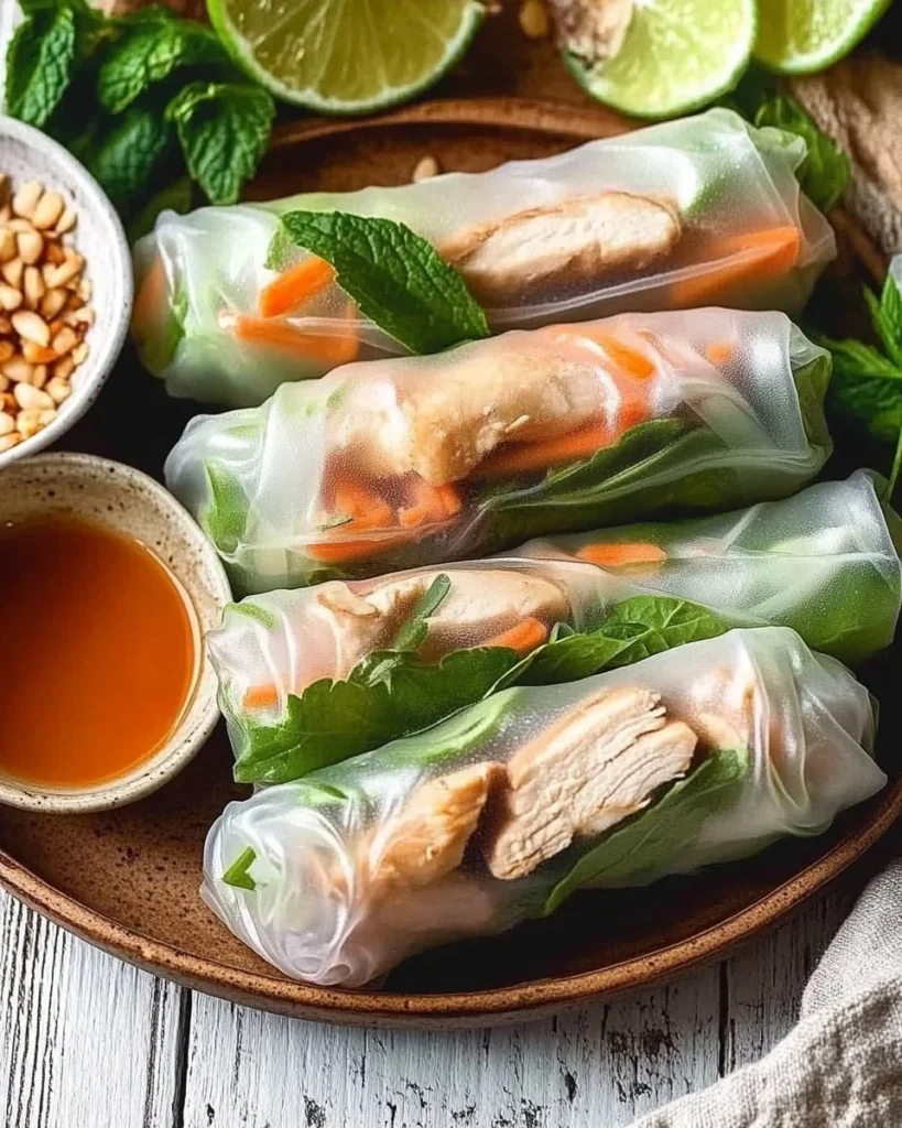 Vietnamese summer rolls with chicken served on a plate with dipping sauce