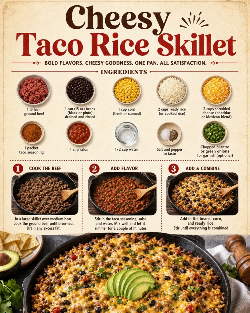 Cheesy taco rice skillet dish ready for a quick family dinner.