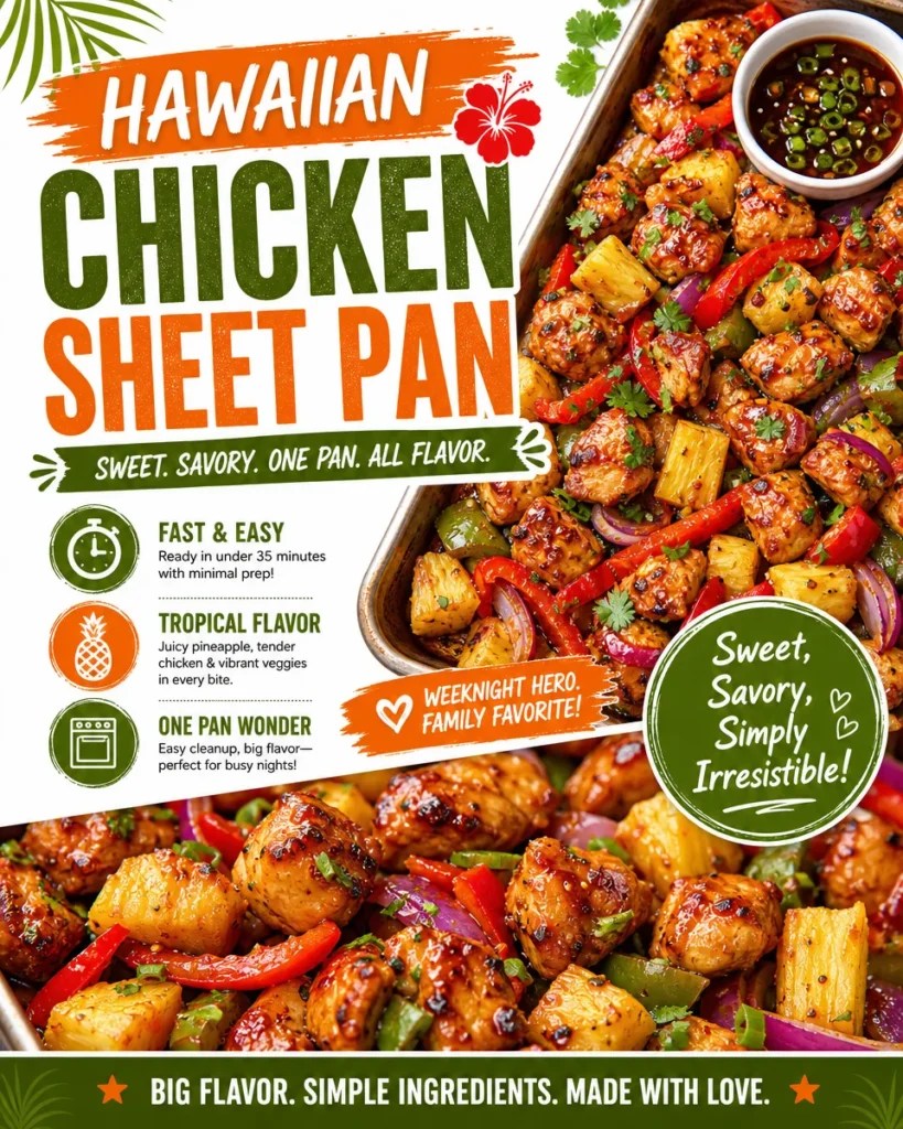 Delicious Hawaiian Chicken sheet pan dinner served with colorful vegetables