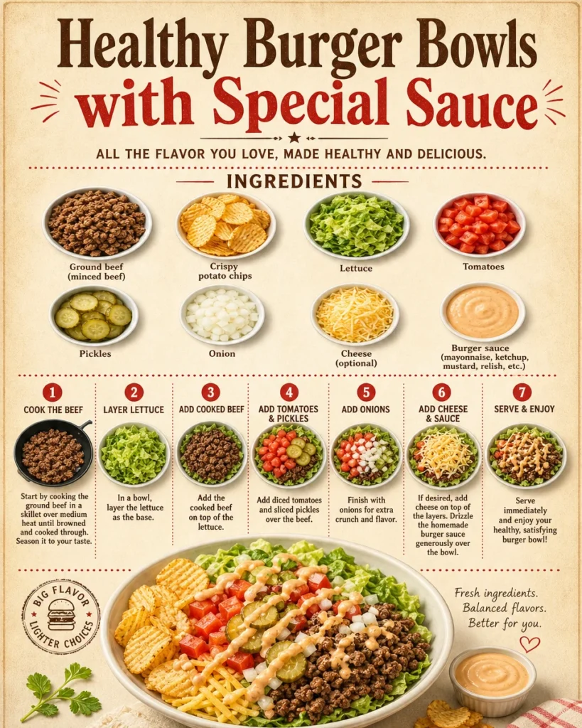 Delicious healthy burger bowls with special sauce served for family dinner.