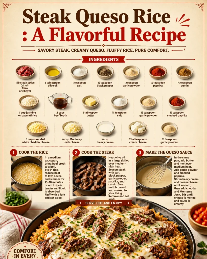 Delicious steak queso rice dish served in a bowl, perfect for family dinners.